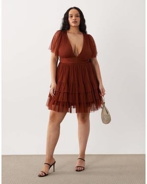 Lace & Beads Plus V-neck Ruffle Skirt Mini Dress - Red