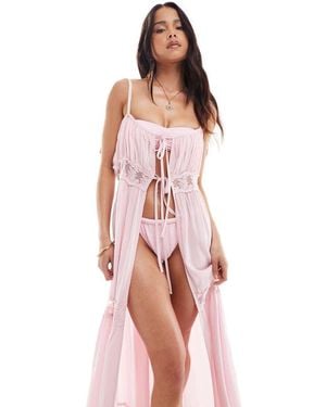 Miss Selfridge Beach Lace Trim Tie Front Maxi Cover Up - Pink