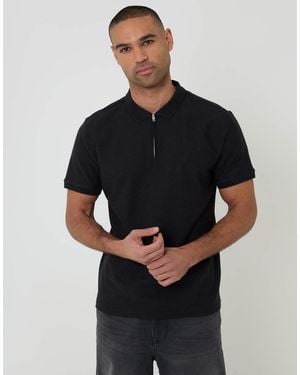 Threadbare Textured Cotton Quarter Zip Polo Shirt - Black