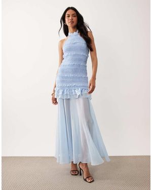 TFNC London Vestido Largo Fruncido Con Volantes Y Falda Transparente De Chifón - Azul
