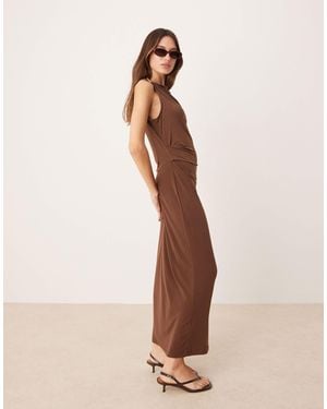 Mango Cinched Waist Maxi Dress With Gold Accent Shoulder - Natural