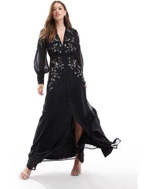 Hope & Ivy Embellished Maxi Dress With Long Sleeves - Black