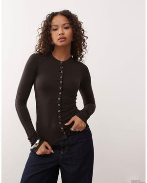 Weekday Slim Fit Button Front Long Sleeve Top - Black