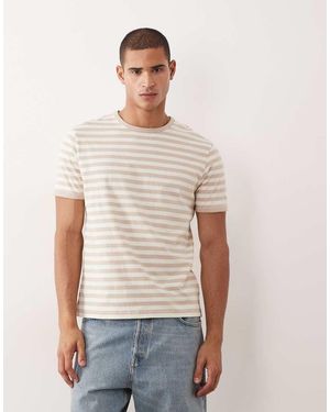 Threadbare T-Shirt Girocollo Color Pietra E Bianco A Righe Con Profili A Contrasto - Neutro