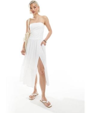 Hollister Strapless Dropped Waist Textured Midi Dress With A Slit - White