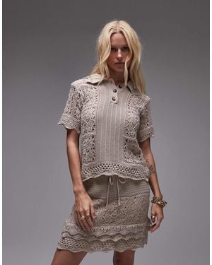 TOPSHOP Knitted Pointelle Stitch Polo Top - Brown