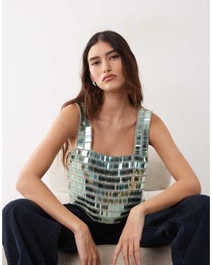 ARRANGE Embellished Beaded Square Neck Boxy Crop Top - Green
