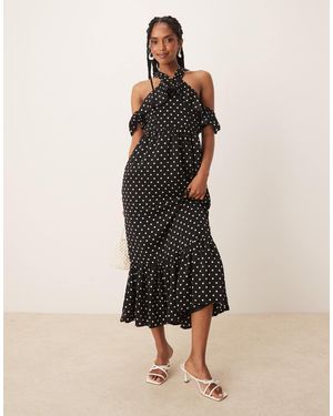 Lovedrobe – gepunktetes midaxi-kleid mit neckholder und cold-shoulder-design - Natur