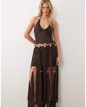 ASOS Mesh Fringe Beaded Top - Brown