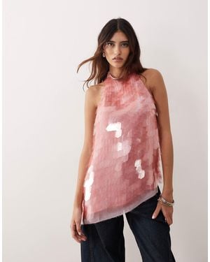 ARRANGE Embellished Shard Sequins Longline Halter Neck Top - Red