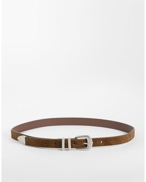 ASOS Cinturón Fino De Pelo De Vaca Con Hebilla Curvada Y Punta Metálica En - Marrón