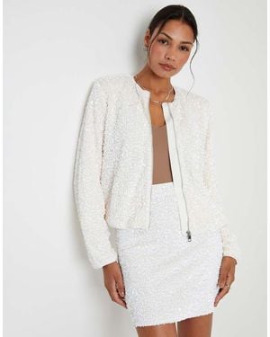 Threadbare Sequin Zip Up Bomber Jacket - White