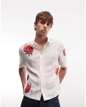 AllSaints Fleur Fazed Short Sleeve Linen Blend Strawberry Printed Shirt - White