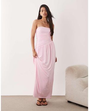 Aria Cove Double Layered Slinky Bandeau Asymmetric Hem Ruched Side Detail Maxi Dress - Pink