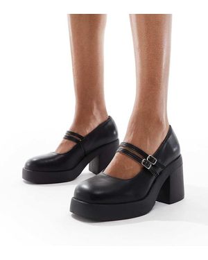 SEQWL Wide Fit Merceditas Negras Con Plataforma Y Detalle De Tiras Audi De -Negro