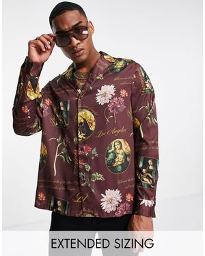 ASOS – hemd aus satin mit lockerem schnitt, tiefem reverskragen und blumenmuster - Rot