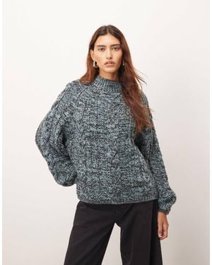 ARRANGE Cable Knit High Neck Sweater With Volume Sleeve - Grey