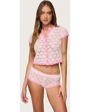 Edikted Elisa Open Knit Button Up Top - Pink
