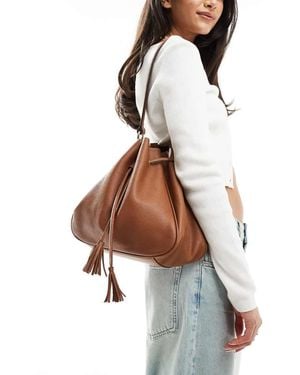 ASOS Premium Leather Tote Bag With Drawstring And Tassel - White