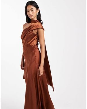 Six Stories Bridesmaid Bow One Shoulder Satin Maxi Dress - Brown