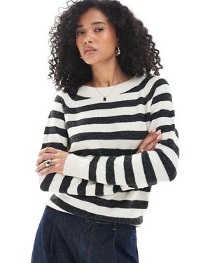 Vero Moda Maglione Lavorato A Righe Crema E Nere Mélange Con Scollo Rotondo - Bianco