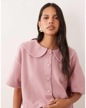 Miss Selfridge Short Sleeve Button Through Top With Peter Pan Collar - Pink