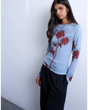 TOPSHOP Microfibre Floral Print Long Sleeve Top - Blue