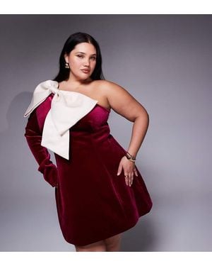 ASOS Curve One Shoulder Velvet Mini Dress With Bow Detail - Red