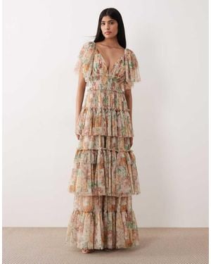 LACE & BEADS Tulle Flutter Sleeve Tiered Maxi Dress - Natural