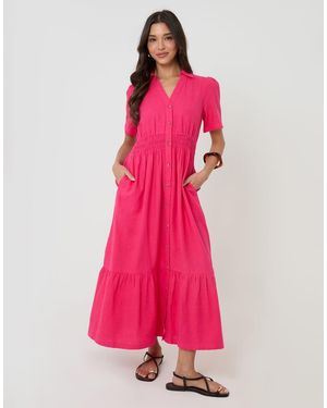 Threadbare Tiered Linen Blend V Neck Maxi Dress - Pink