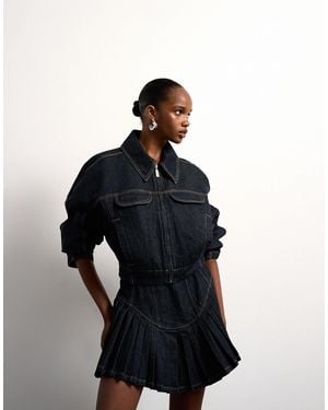 TOPSHOP Tolu Coker X Denim Super Mini Pleated Skirt Circular Design - Natural