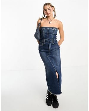 Stradivarius Str Denim Bandeau Midi Dress - Blue
