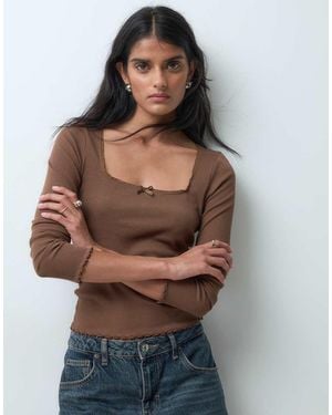Miss Selfridge Ruffle Edge Square Neck Top - Brown