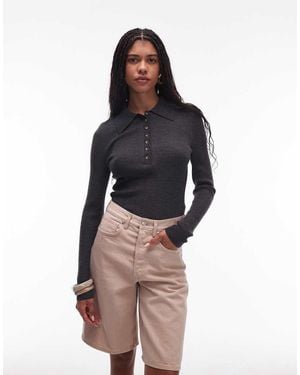 & Other Stories Knitted Semi Sheer Polo Top With Fluted Collar - Grey