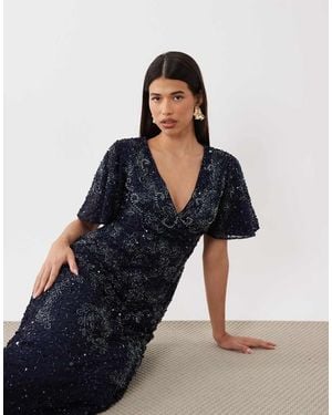 Beauut Maxi Jurk Met V-Hals, Kralen, Overslag En Fladdermouwen - Blauw