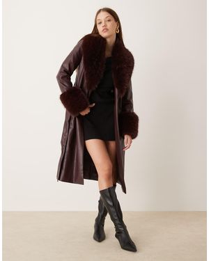 New Look Faux Fur Trim Coat - Brown