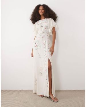 Hope & Ivy Embroidered Cut-out Back Maxi Dress With Flutter Sleeves - Natural