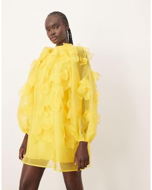ARRANGE Organza Applique Floral High Neck Trapeze Mini Dress - Yellow