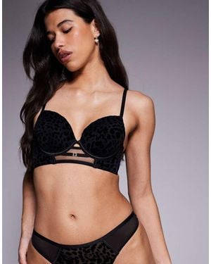 New Look Leopard Flocked Longline Bra - Black