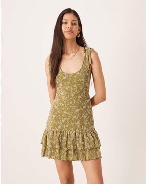 Motel Wino Mini Dress With Double Ruffle Hem - Green