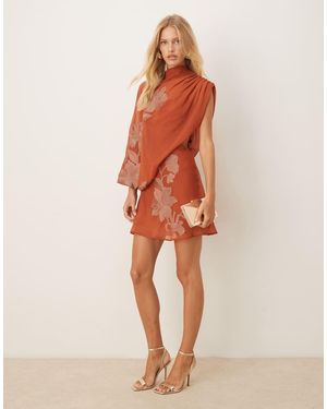 ASOS Tonal Embroidery High Neck Draped Asymmetric Mini Dress With Cut Out - Orange