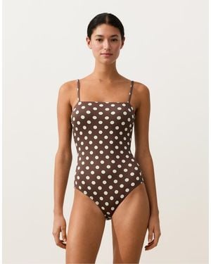 Oysho Polka Dot Piqué Bandeau Swimsuit - Brown