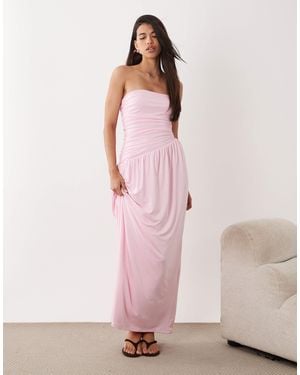 Aria Cove Double Layered Slinky Bandeau Asymmetric Hem Ruched Side Detail Maxi Dress - Pink