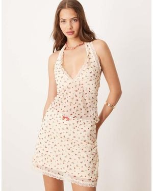 ASOS Mesh Plunge Halter Neck Top With Lace Trim - Natural