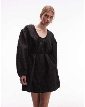 & Other Stories Structured Jacquard Quality Mini Dress With Pleated Detail Sleeves - Black