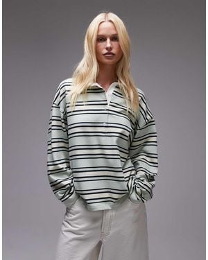 TOPSHOP Jersey Stripe Rugby Long Sleeve Polo - Grey