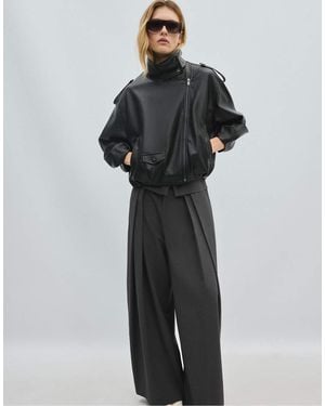 Stradivarius Leather Effect Balloon Sleeve Biker Jacket - Black