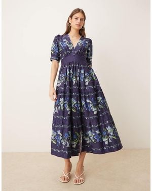Hope & Ivy Cotton Button Front V Neck Midi Dress - Blue