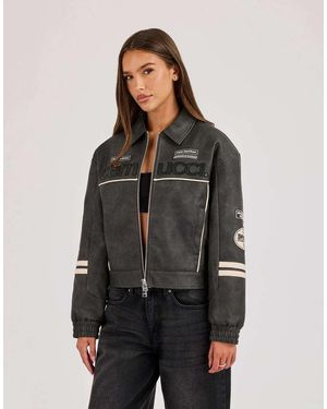CERNUCCI Pu Badge Embroidered Moto Harrington Jacket - Grey