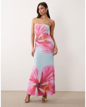Kaiia Exclusive Slinky Mesh Bandeau Fishtail Maxi Dress - Pink